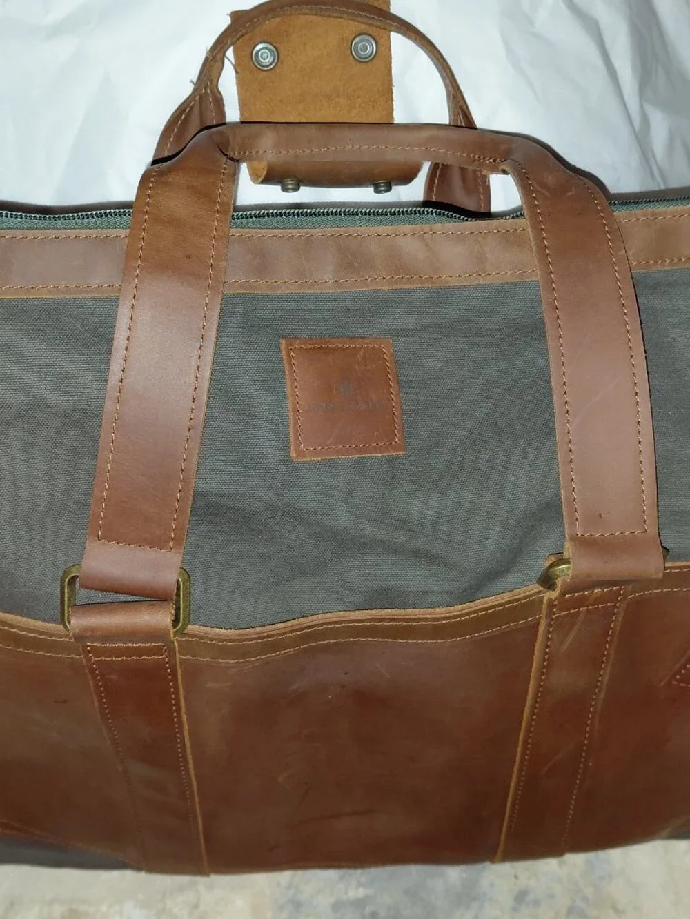 Vintage Jon Hart Large Weekender Duffel Bag Olive Canvas Brown Leather Strap